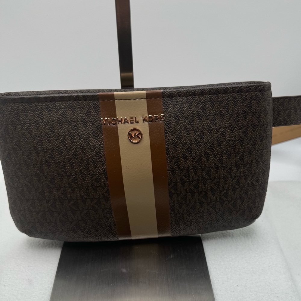 Michael Kors Brown & Tan Stripe Signature Bag Waist  Fanny Pack Belt Retail $99